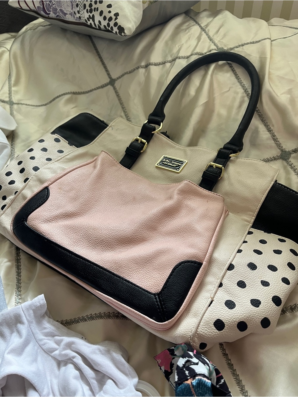 Betsey Johnson Pink, Black & Cream Polka Dot Panel Tote